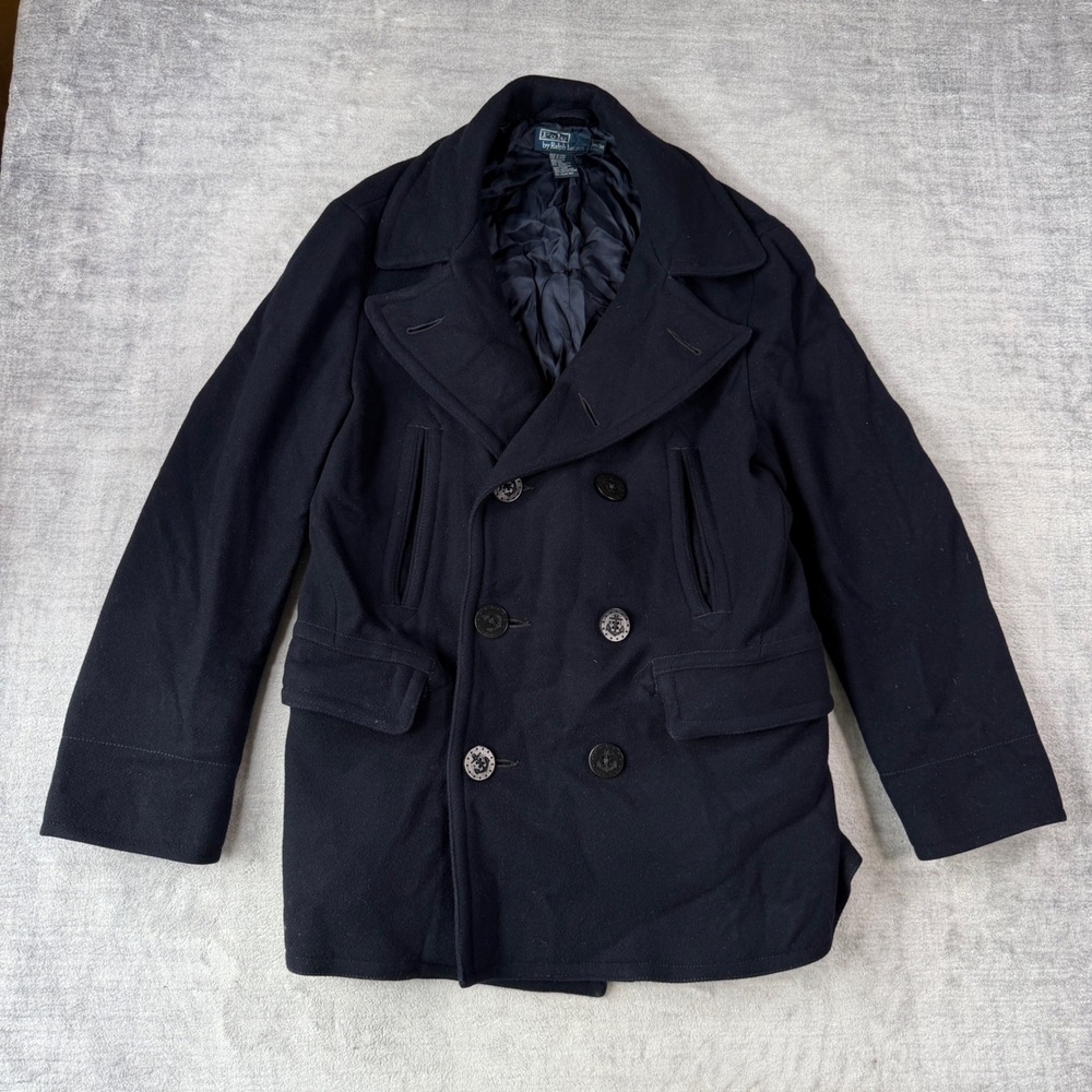 Polo Ralph Lauren Jacket Mens Medium Blue Pea Coat Wool Blend Anchor Buttons